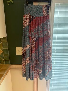 Boho Floral Patchwork Maxi Skirt in Teal and Rust